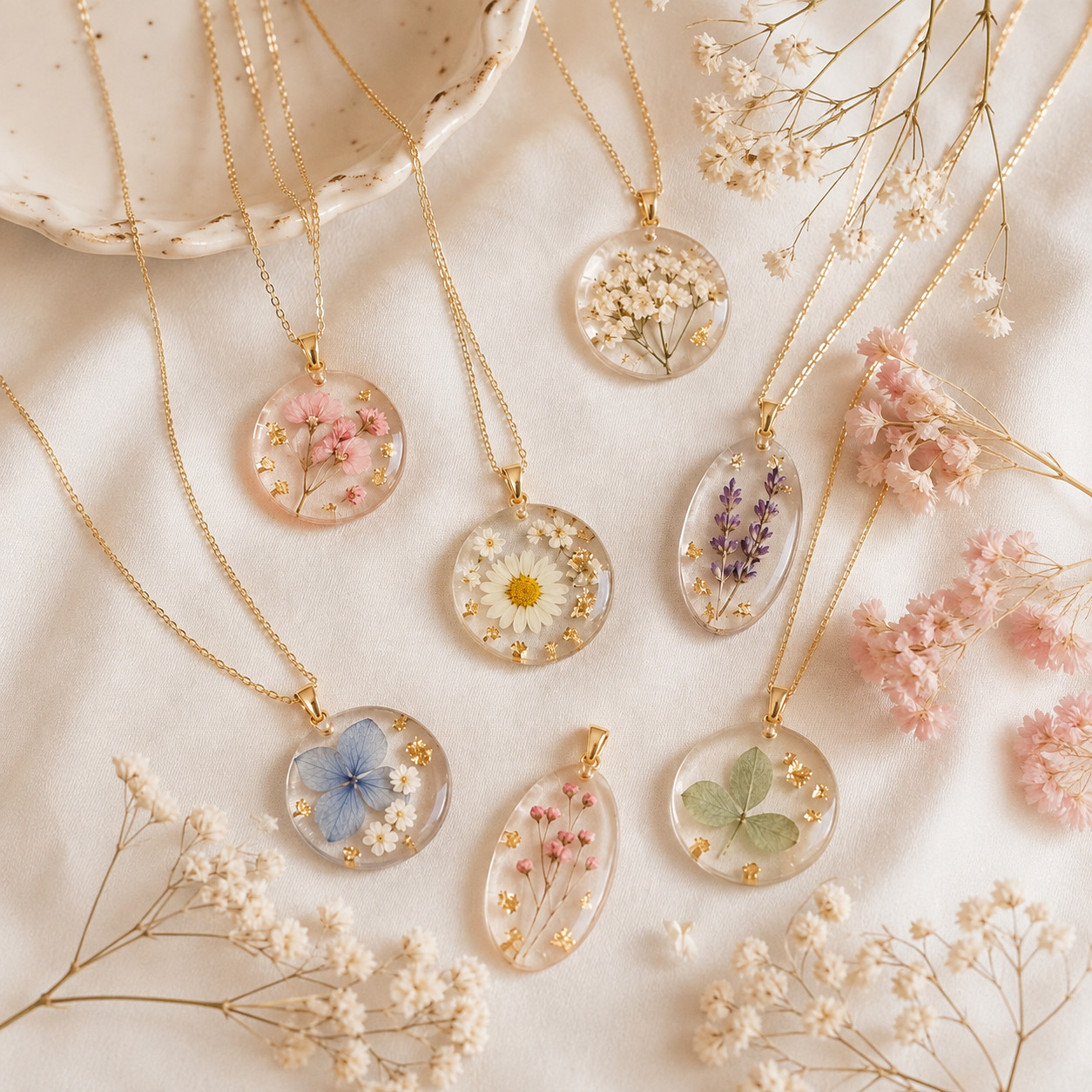 Collares con flores secas encapsuladas en resina