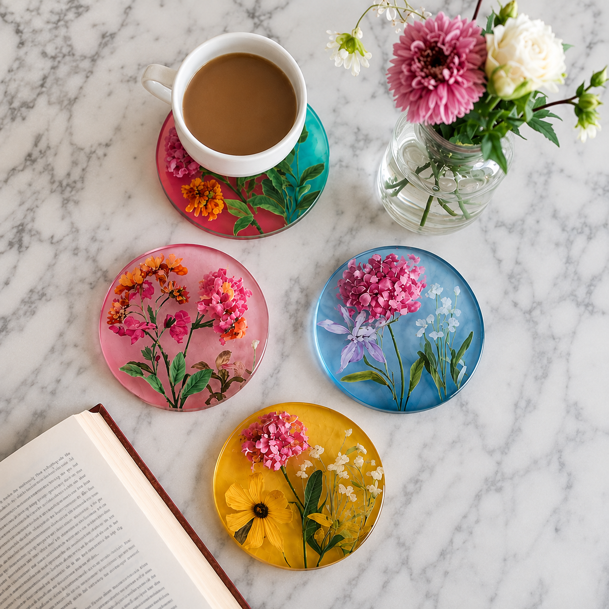 Posavasos en resina con flores encapsuladas